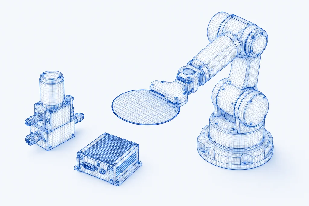 Blue wireframe illustration of industrial robotics, flow control, and electronics